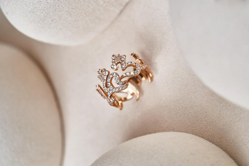 The six -Character Great Bright  Mantra" (Om Mani Padme Hum) diamond ring